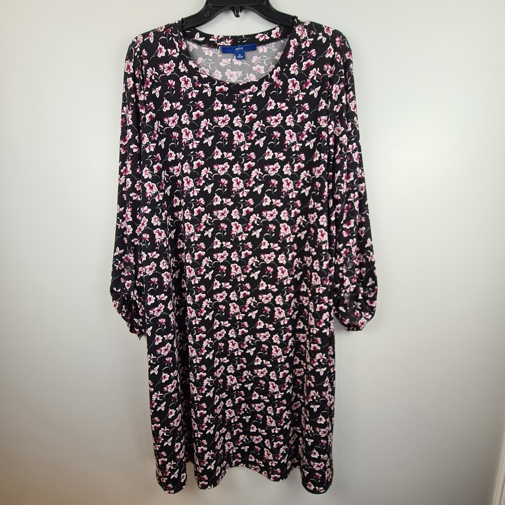 Apt 9 Womens XL Black Pink Floral Roll Tab Sleeve Pockets Knit Shift Dress